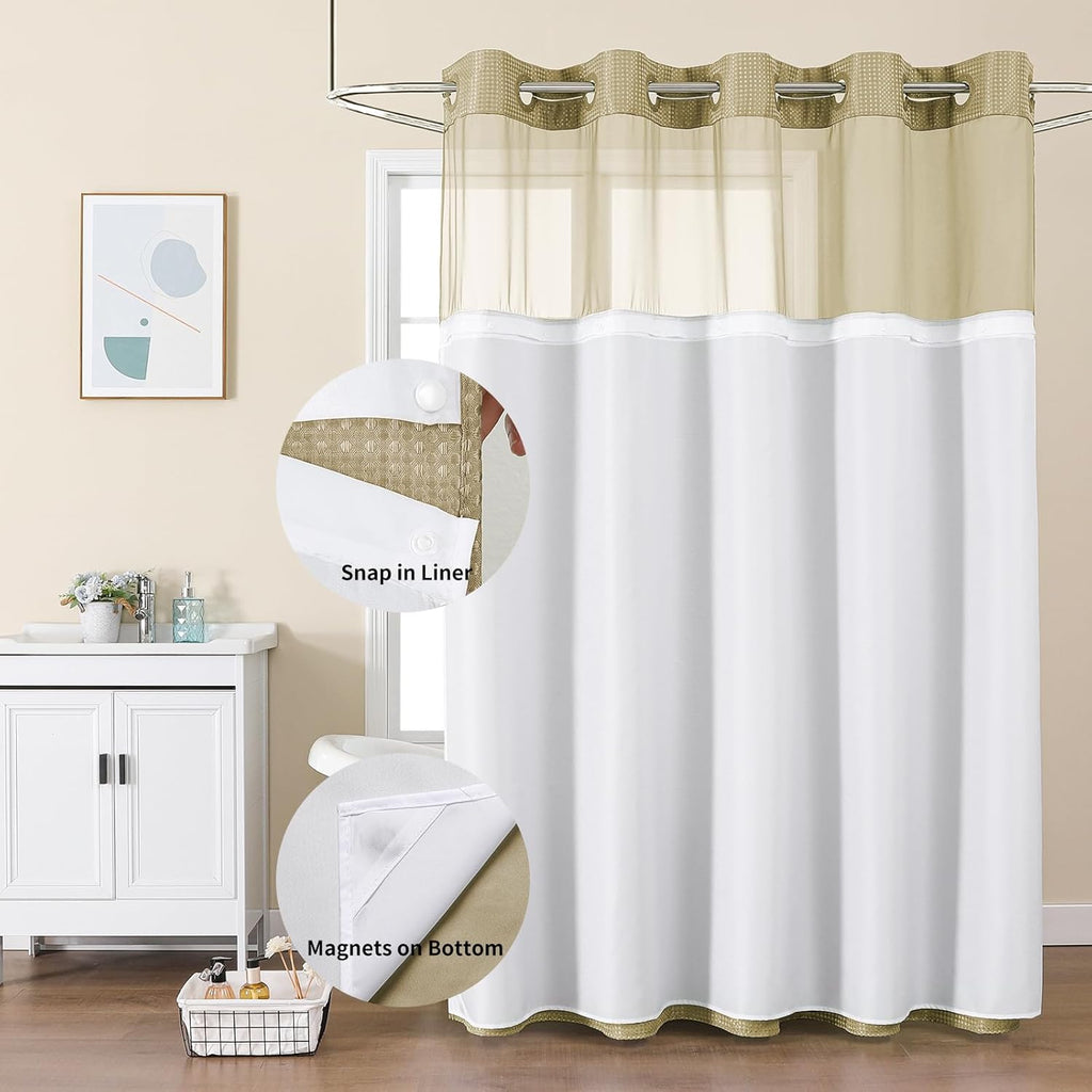 Beige No Hook Waffle Shower Curtain Set, 72" W x 75" L | Snap-In Fabric Liner, Mesh Top Window, Heavy-Duty Waffle