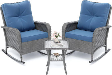 Rocking Chair Outdoor Set 2 with Table, Full Rattan Oversized Blue | 3 Piece Wicker Rocking Bistro Set with 4"