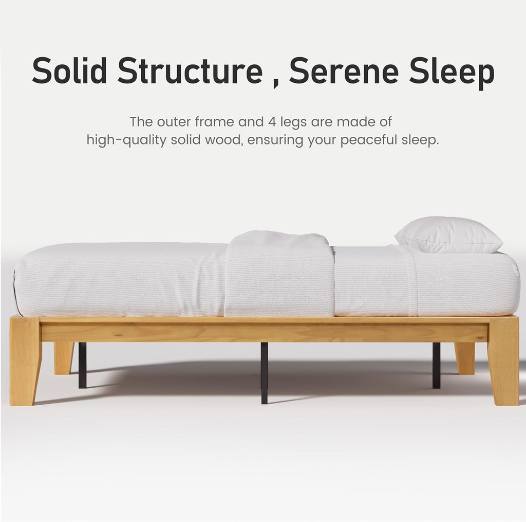 Wood Queen Platform Bed Frame, Premium Solid Wood, Sturdy Structure, 3.78" Thickened & 14" Height Legs, Easily