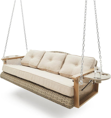 3-Seat Wicker Hanging Porch Swing with Cup Holders and Cushions | Porch Swing with Cushions, Heavy Duty Chains