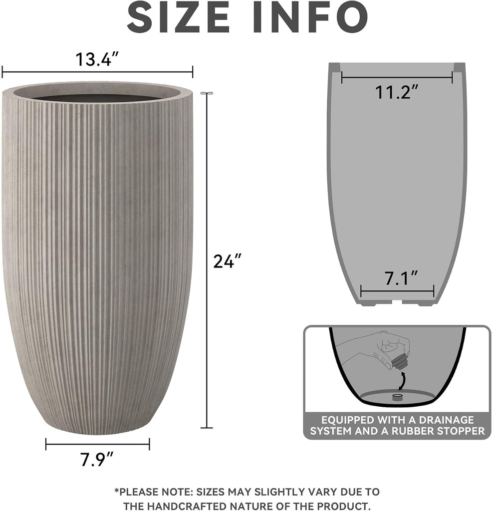 Small Round Tapered Weathered Concrete Planter 24" Tall, Outdoor | Fluted, Rubber Plug for Indoor, Drainage for