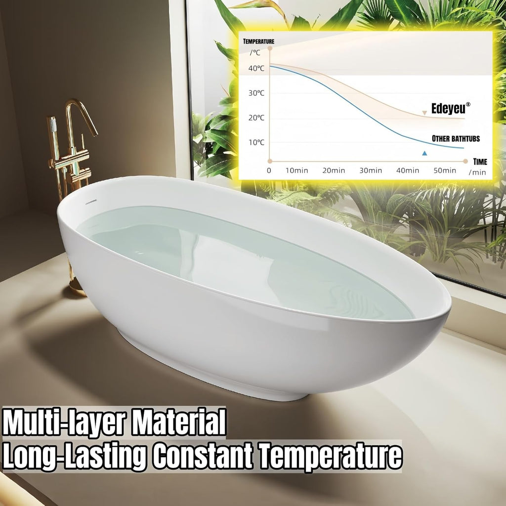 64" Edeyeu Freestanding Bathtub - Modern Artificial Stone Soaking Bathtub, Extra-Deep Freestanding Bathtub, Colored