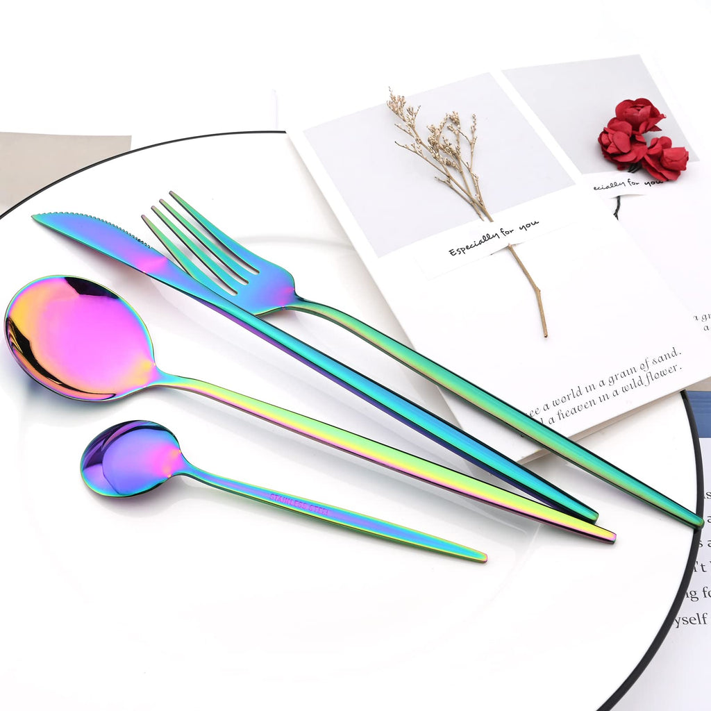 24-Piece Mirror Rainbow Flatware, 18/0 Stainless Steel Dinnerware Set Include Knife Fork Spoon Teaspoon Cutlery Set