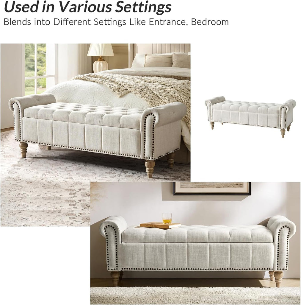 58.5" Long Storage Bench with Rolled Arms & Button Tufted Seat, Upholstered End of Bed Bedroom Benches with Nailhead