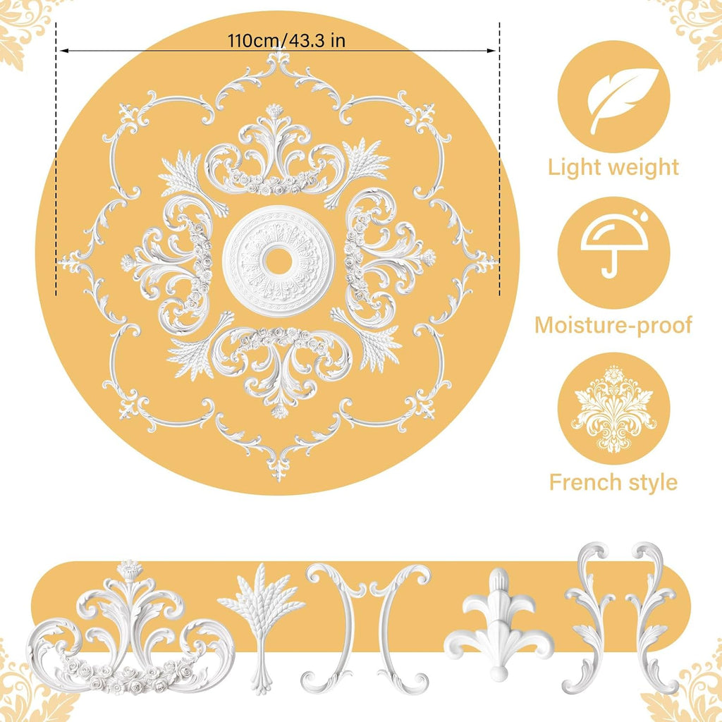 43.3'' Large PU Ceiling Medallion Combination Decorative 2.36'' ID French Style Chandelier Base Ceiling Medallion for Light Fixtures Victorian Rosette Light Covers for Chandeliers(Lovely)