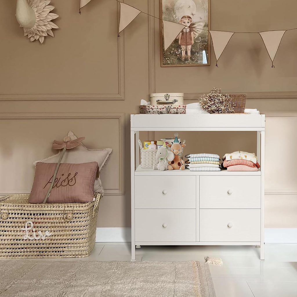 Changing Table Dresser with 4 Fabric Drawers and Open Shelf, Baby Dresser with Changing Table Top Diaper Changing