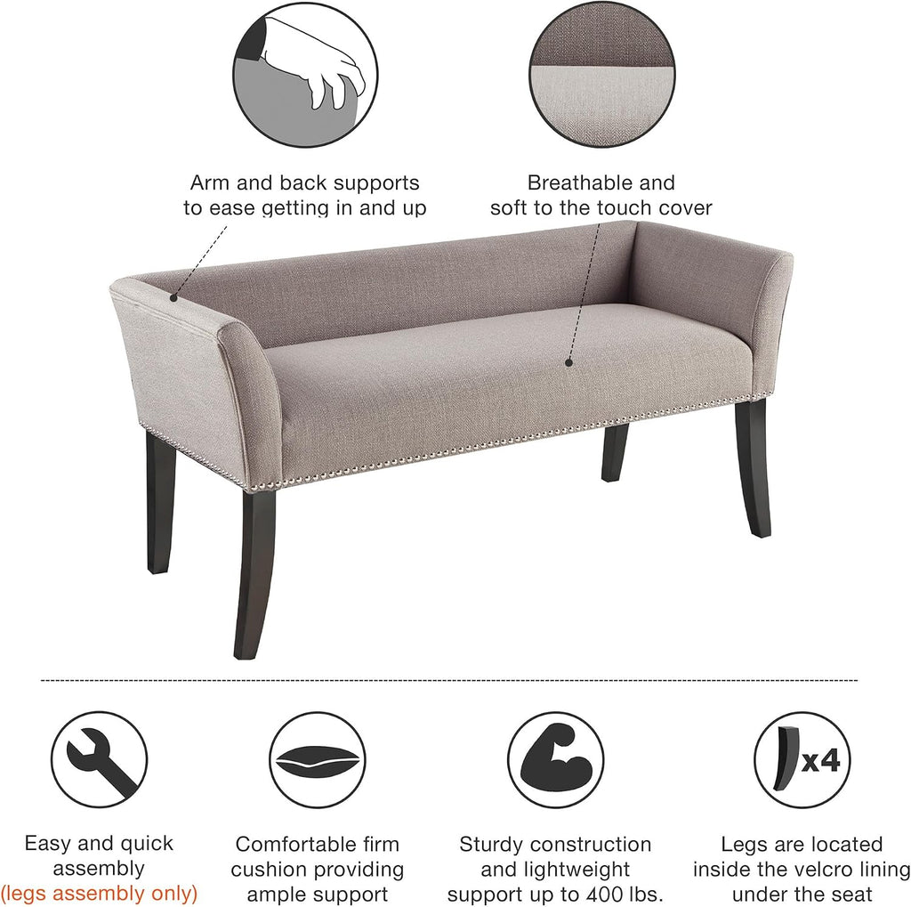 Accent Bench, Upholstered with Nailhead Trim, & Padded Seat Entryway Bench Small, End of Bed Bench with Back, 49.5" W