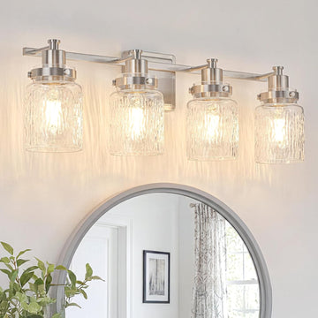 4 Lights Bathroom Light Fixtures Farmhouse Brushed Nickel Vanity Lights Lighting Fixtures Over Mirror with Hammered