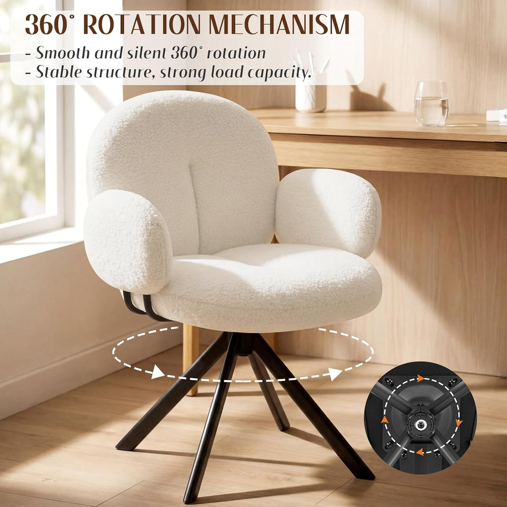 Cute Desk Chair No Wheels, 360° Swivel Accent Chairs with Arms, Modern Upholstered Dining Room Chairs with Tufted