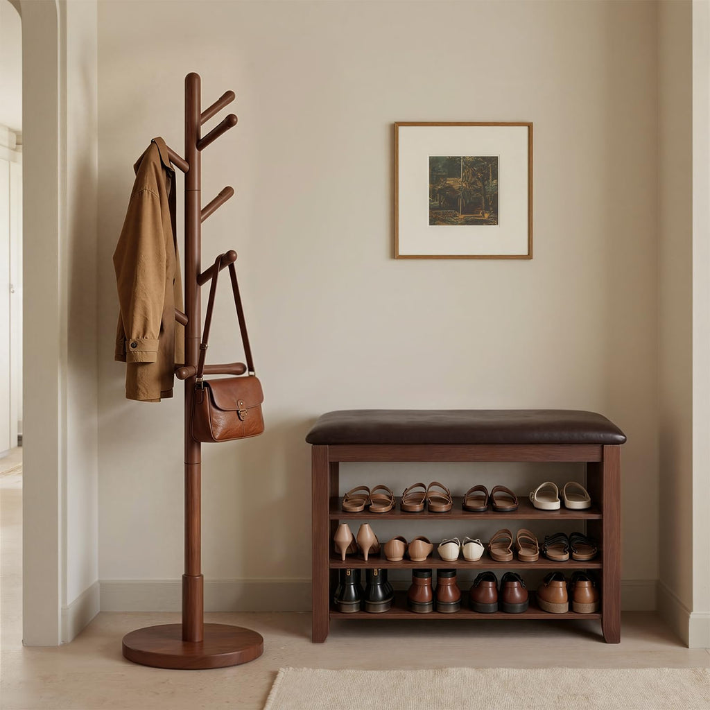Solid Wood Shoe Rack Bench Bench with Leather Cushion