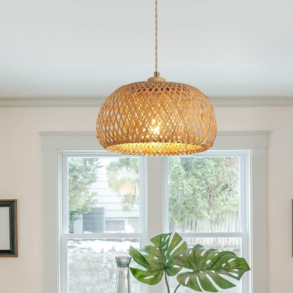 Bamboo Pendant Light Fixture One-Light Adjustable Boho Basket Handmade Woven Pendant Lighting for Kitchen Island Sink