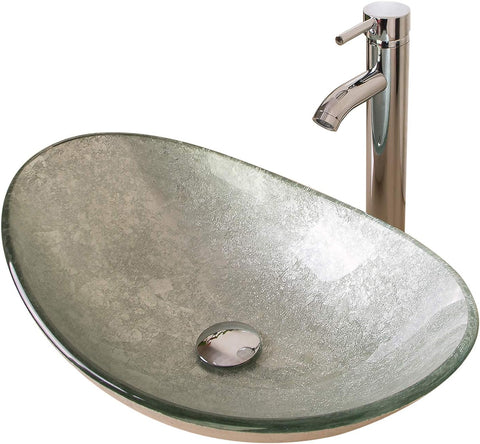 21.7"L × 14.2"W × 6.3"H Tempered Glass Vessel Sink Set - Boat-Shaped Wash Bowl with Chrome Faucet & Pop-Up Drain Stopper