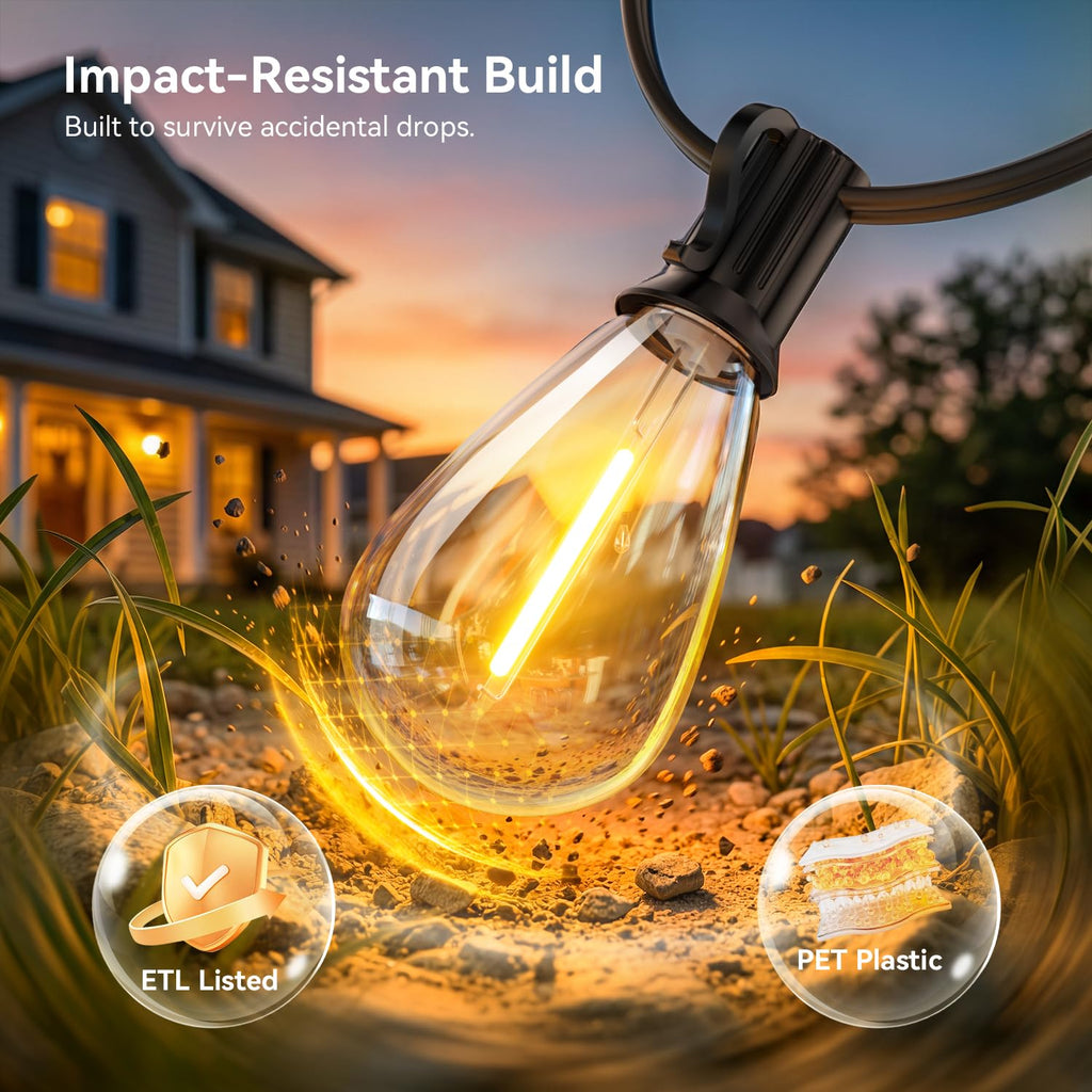 Outdoor String Lights with Remote, Waterproof Patio Lights with 55+2 Shatterproof LED Bulbs, Dimmable Hanging
