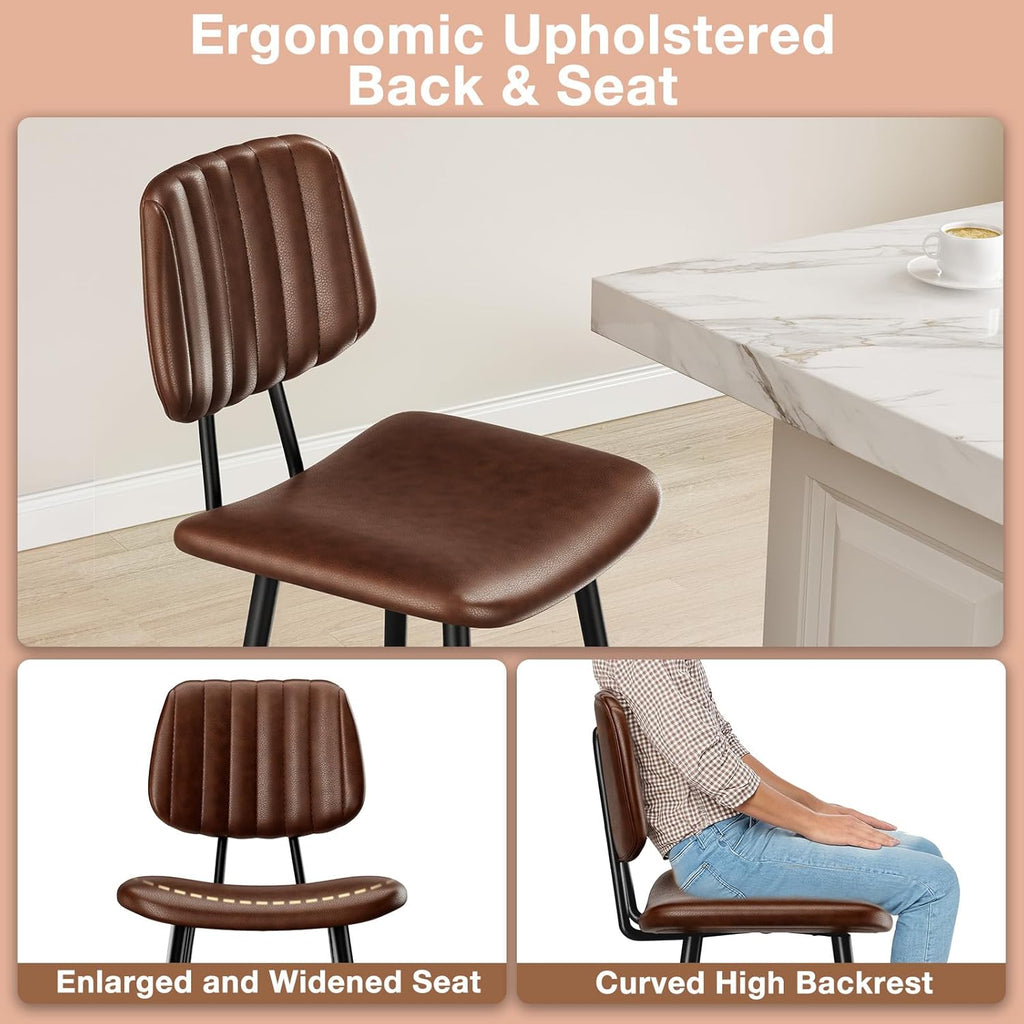 24-Inch Leather Bar Stools Set of 2, Counter Height Barstools with High Backrest，Bar Chairs Island with Heavy Duty