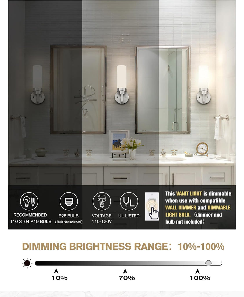 Brushed Nickel Sconces Wall Lighting, Modern Vanity Lights with Milk Glass Shade, Wall Sconce , WS085-BN-ML-2PK