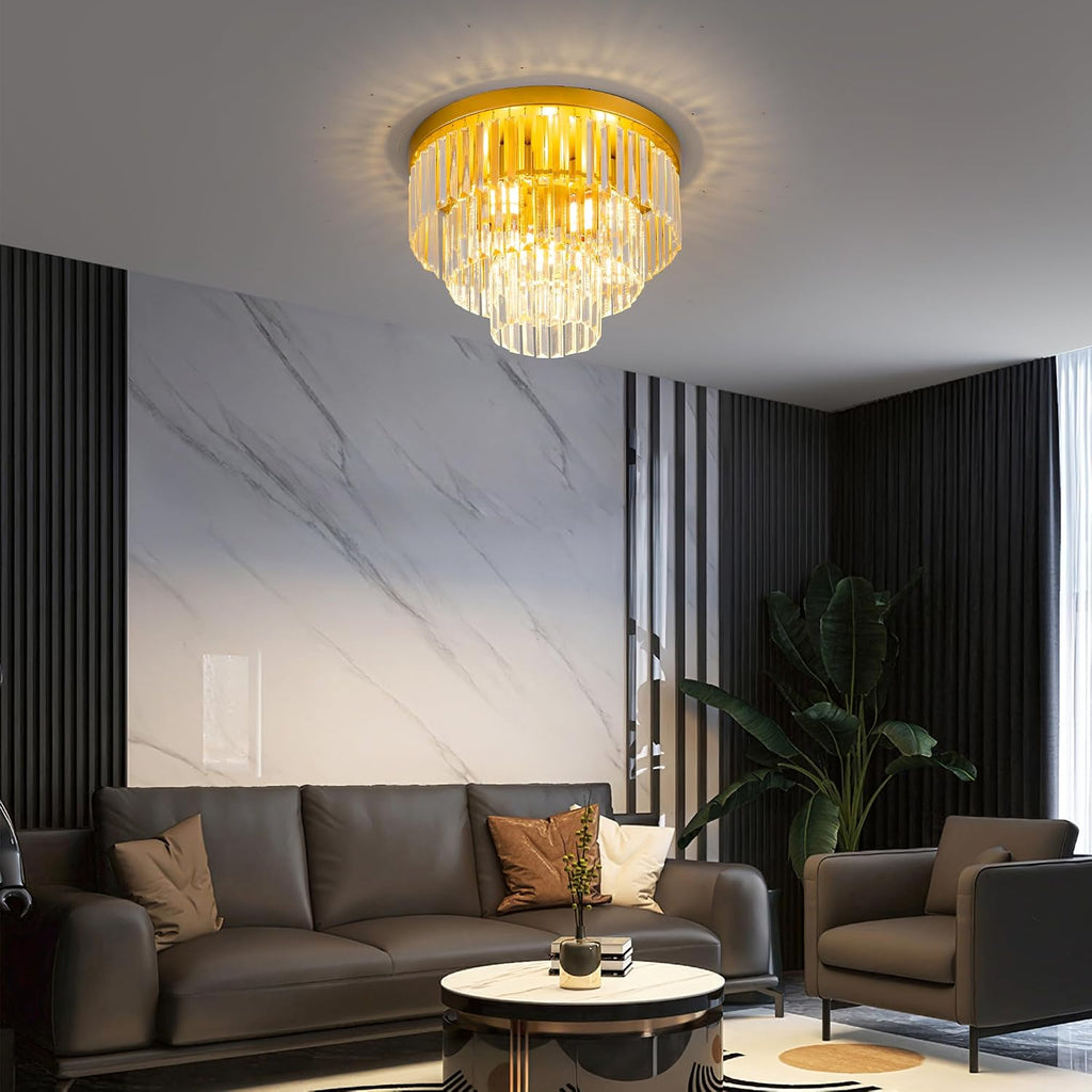 Gold Crystal Ceiling Light 17" Luxury K9 Crystal Dining Room Light 3-Tiers Modern Flush Mount Ceiling Light 4-Lights