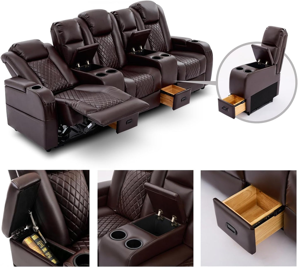 Home Theater Seating, Recliner Sofa PU Leather with Central Console and 3 Pillows