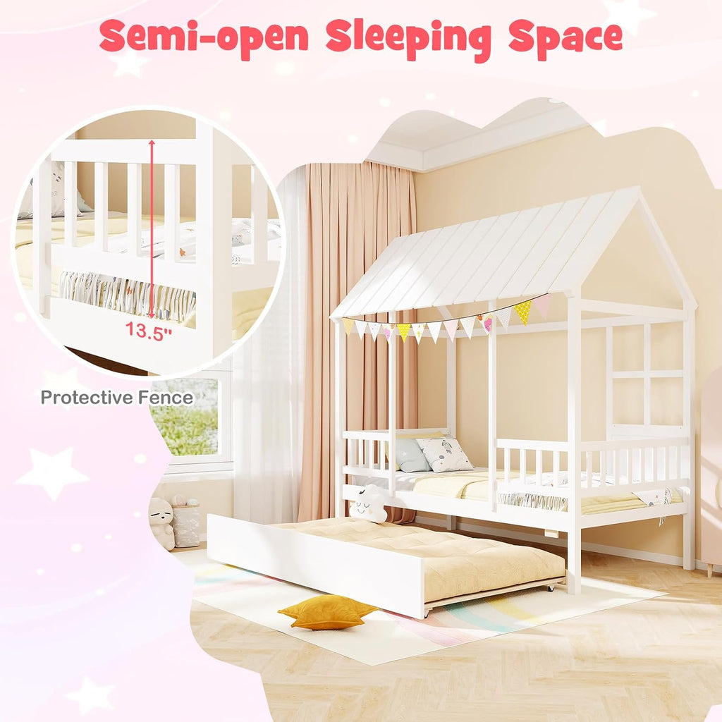 Tw Bed with Trundle Bed Twin, Wooden Montessori Bed Frame with Roof & Safety Guardrail for Kids, Teens, Boys or