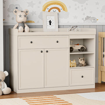 Wide Changing Table with 2 Doors, 2 Different Size Drawer&Storage Cubbies, Durable Wood Construction, Built-in