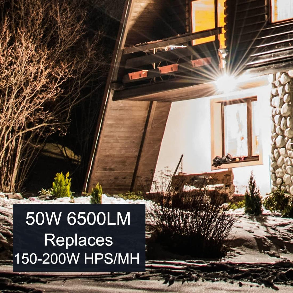 LED Flood Light Outdoor, Dusk-to-Dawn Photocell, 50W 6500LM | 5000K Daylight, IP65 Waterproof 100-277V, 180-Degree