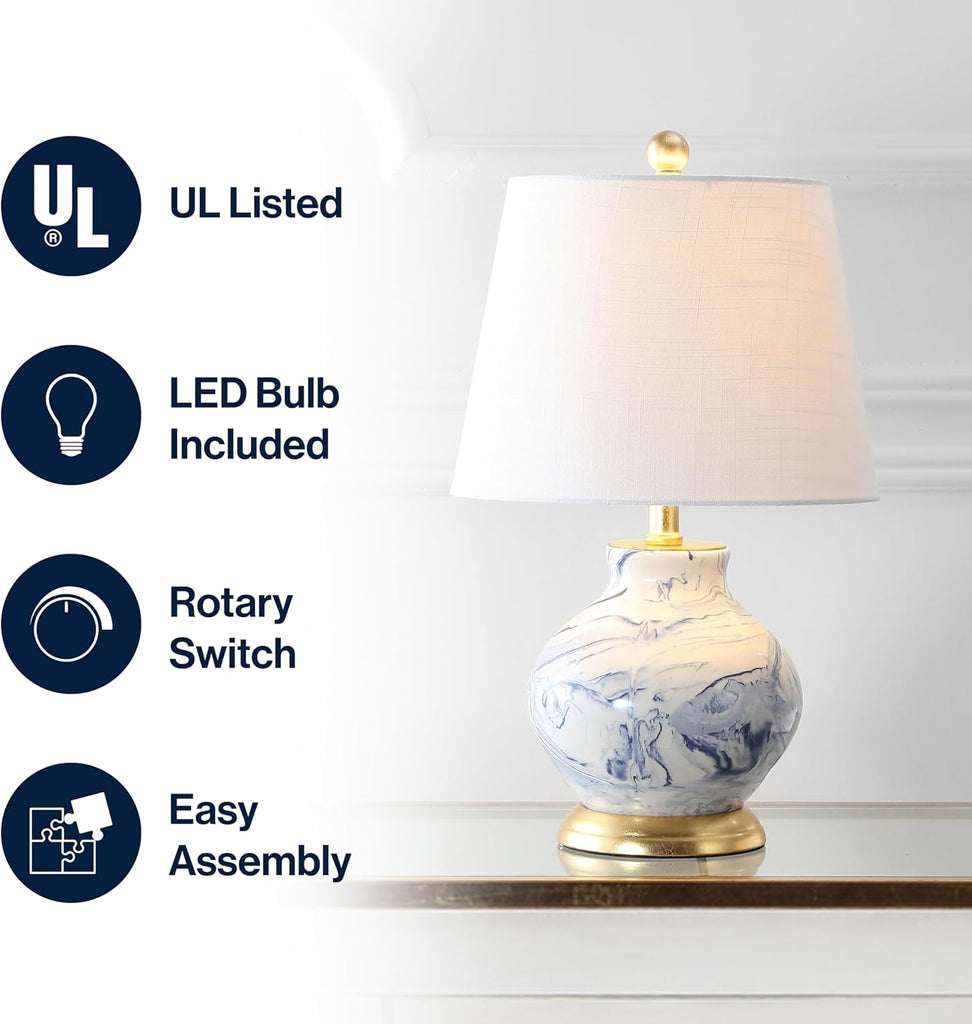 20.5" Blue/White Marbleized Ceramic Table Lamp, Contemporary Traditional Bedside Lamp, Gold Accents