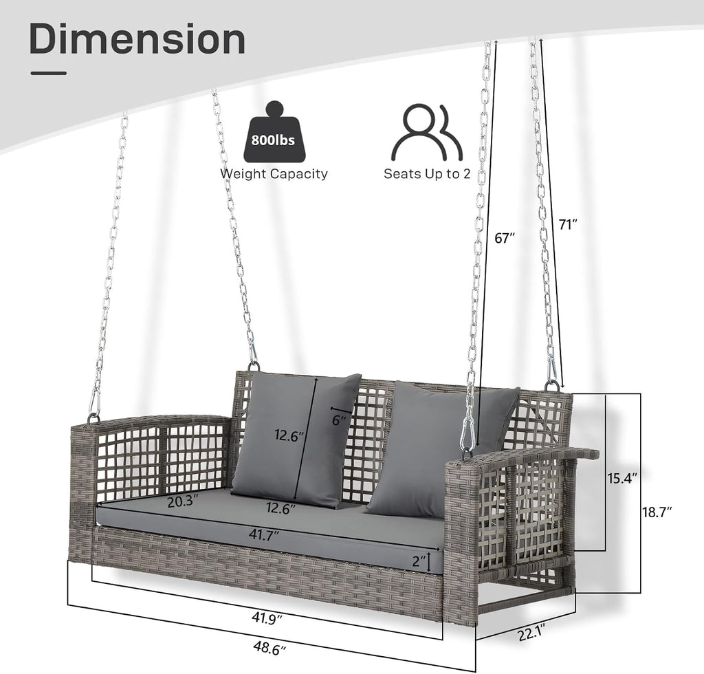 4FT Wicker 2-Person Porch Swing with Cushions Hanging Chains | Sturdy hanging patio swing for adults, supports up to