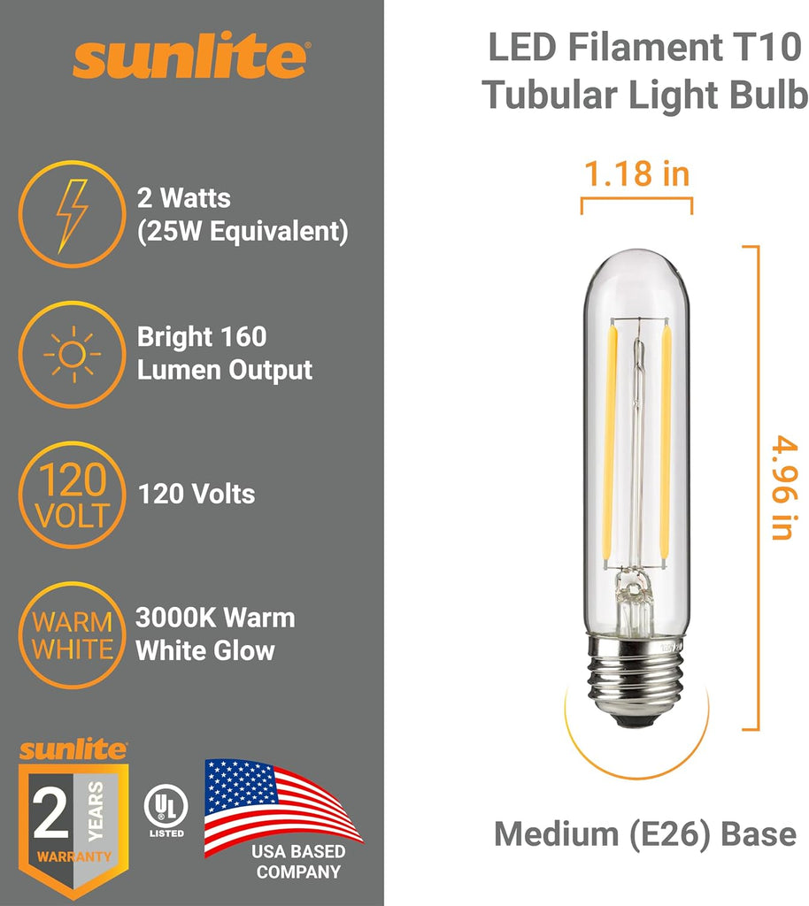 LED Filament T10 Tubular Light Bulb, 2 Watts (25W Equivalent), 160 Lumens, Medium E26 Base, 120 Volts, Dimmable, 90 (1 Pack)