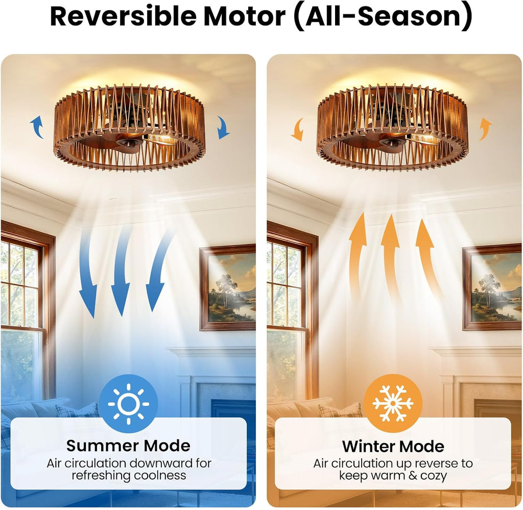 20" Flush Mount Caged Ceiling Fan with Light, Farmhouse Low Profile Ceiling Fan with Remote