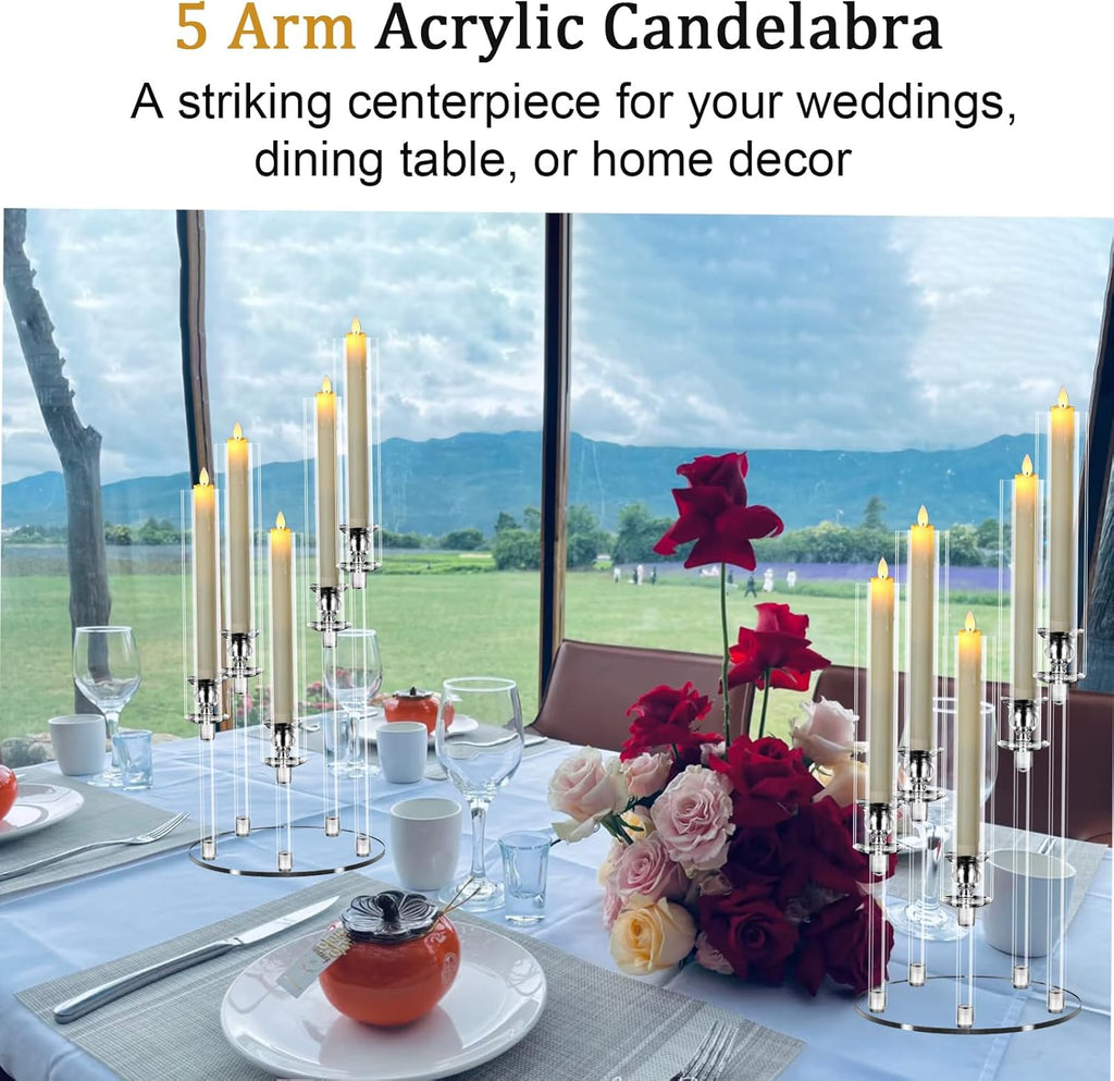 5 Arm Acrylic Candelabra Centerpieces for Tables,4 Sets Clear Candle Holder,Table Decorations,22.8" Tall Candlestick