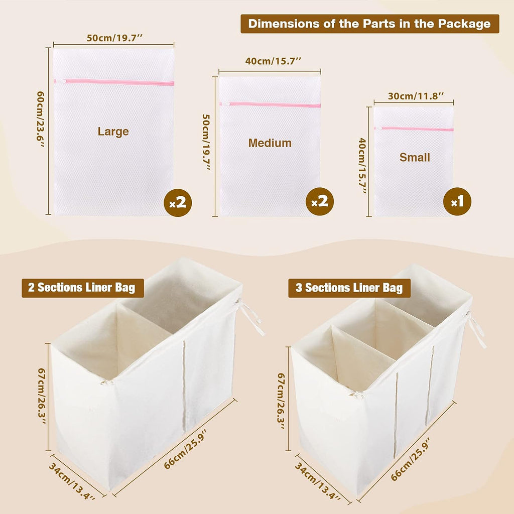 Laundry Hamper with Lid, 125L Large Clothes Hamper with 3 Section & 2 Section Removable Liner Bags & 5 Mesh Laundry