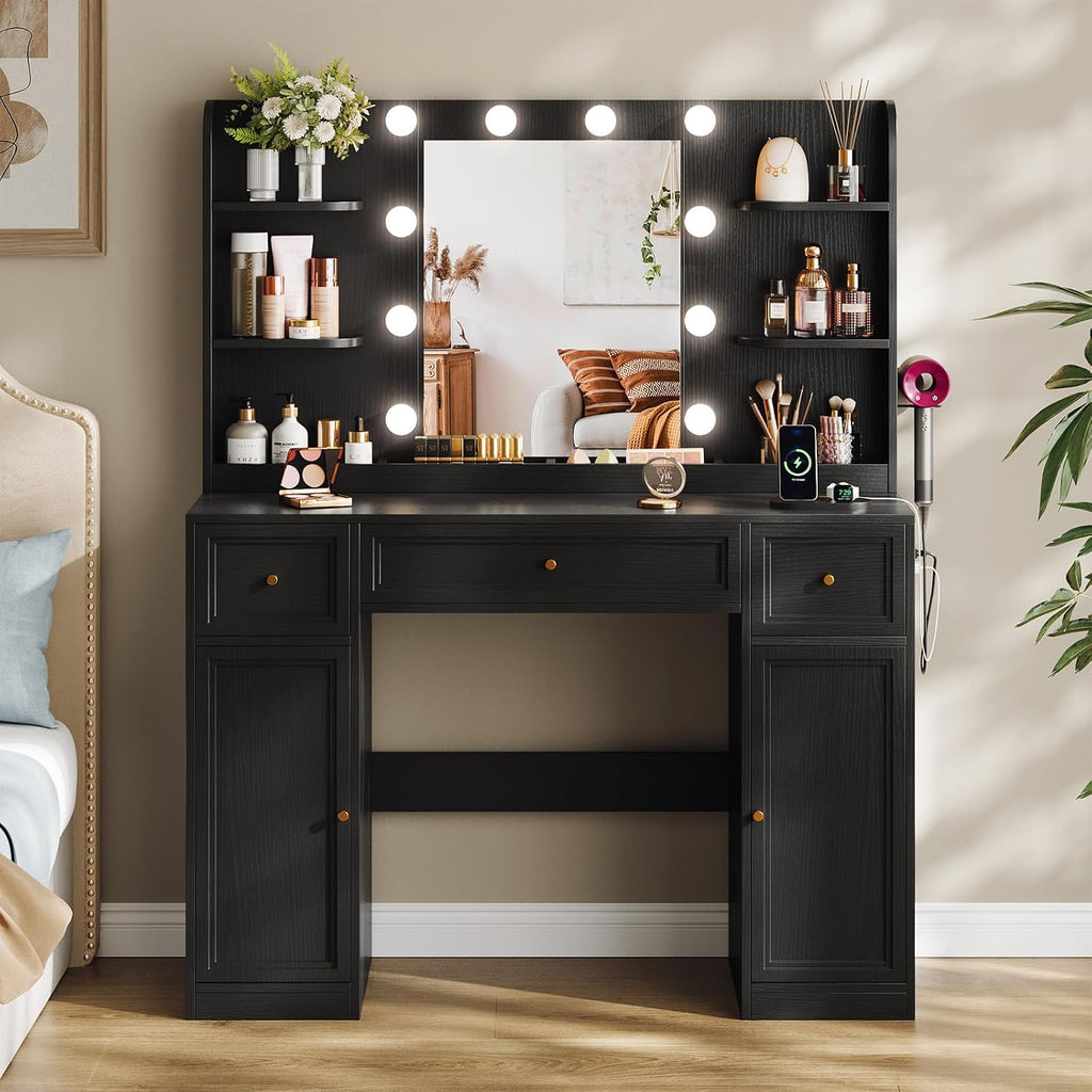 Large Vanity Desk with Mirror and Lights, Makeup Vanity with Power Outlets, 3 Drawers and 2 Large Cabinets, 3