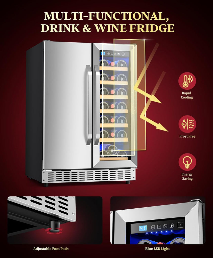 60 Cans 24" Dual Zone Wine & Beverage Refrigerator - Under Counter Cooler with Upgraded Cooling & Blue LED Light