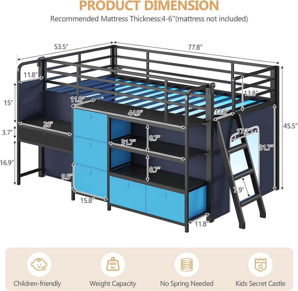 Low Loft Bed with Desk and 6 Storage Drawers Twin Loft Bed with Bookshelf,LED Lights & Under-Bed Play Space,Kids Twin