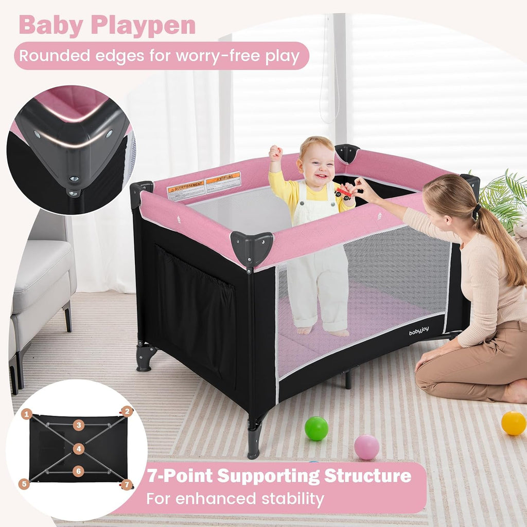 3 in 1 Pink Pack and Play, Travel Baby Crib Bassinet Bed with Bassinet for Girl, Changing Table w/Safety Belt