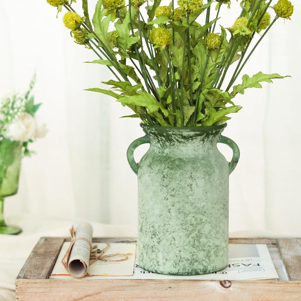 Glass Flower Vase with Handle - 8 Inches Rustic Imitation Ceramic Vase