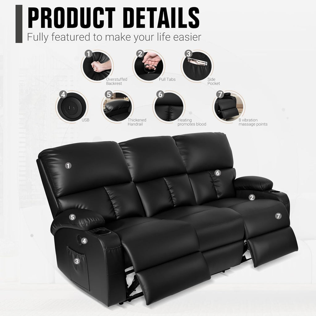 Home Theater Seating,RV Recliner Sofa with Massage and Heat,Manual RV Recliner Loveseat with USB/Cup Holders