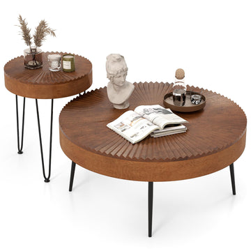 Farmhouse Round Coffee Set of 2, Rustic Sofa Side Tea Tables w/Wood Finish, Metal Frame, Adjustable Foot Pads