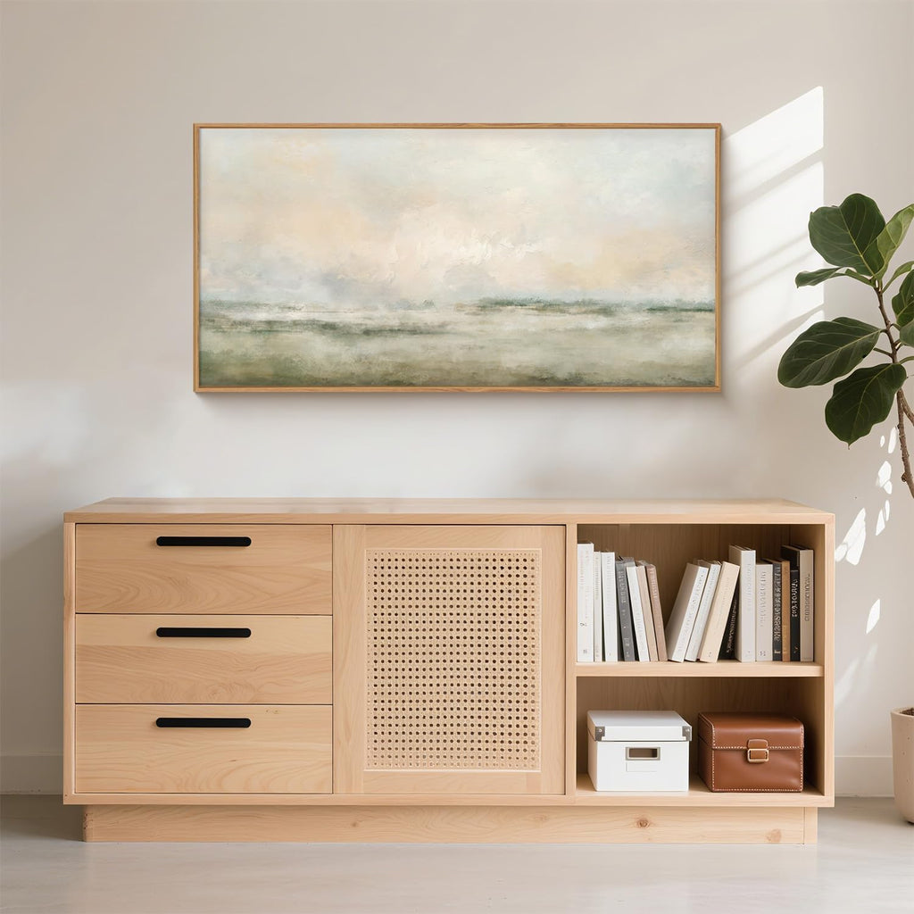 Abstract Natural Landscape Framed Canvas Wall Art Set, Watercolor Tan Green Beige Wall Decor, Minimalist Neutral