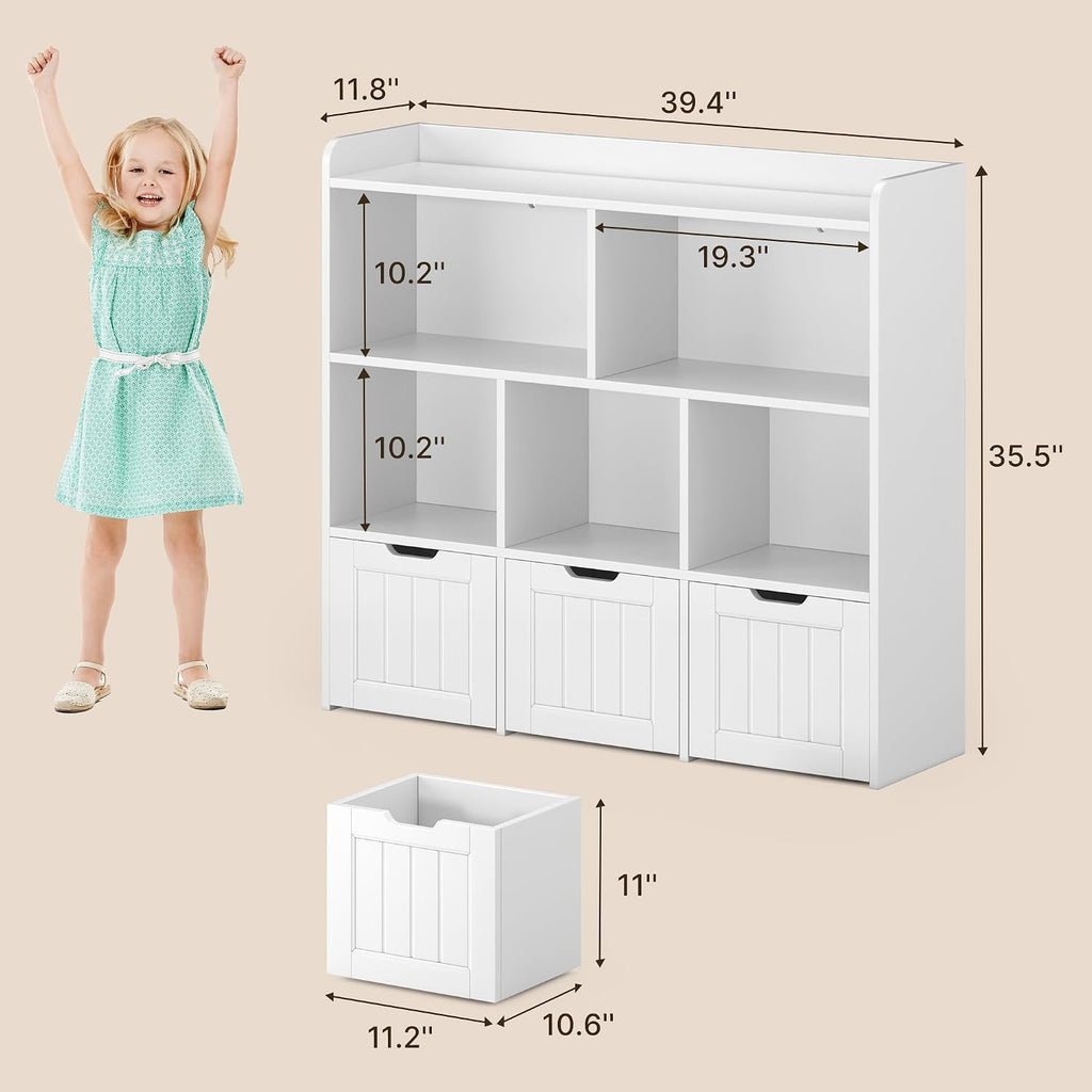 Kids Toy Storage Organizer with 3 Drawers and 6 Shelves, White