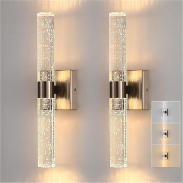 Modern Wall Sconces Set of Two, 3CCT Crystal Bathroom Sconces Wall Light, Brushed Nickel Vanity Light Fixture, Sconce
