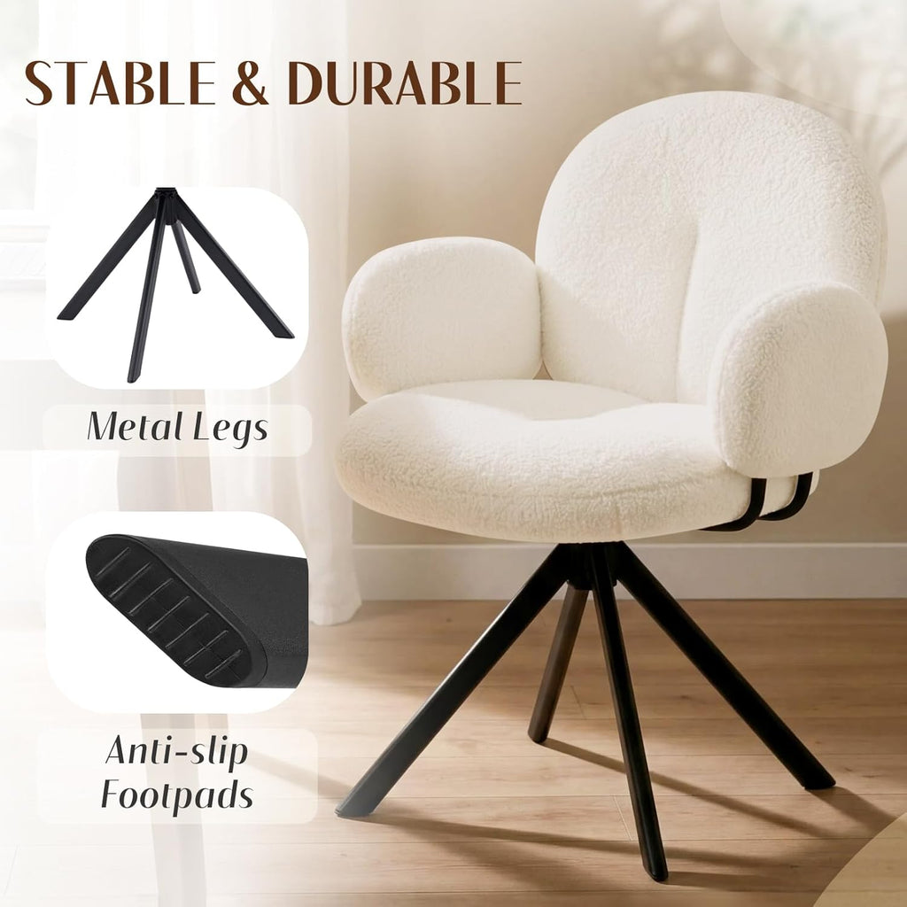 Cute Desk Chair No Wheels, 360° Swivel Accent Chairs with Arms, Modern Upholstered Dining Room Chairs with Tufted