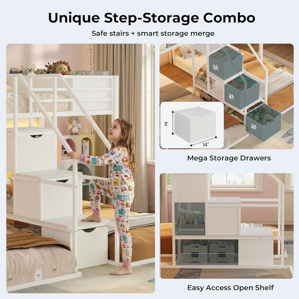 Triple Bunk Bed Twin Over Twin with Storage Staircase, RGB Lights & Power Outlets