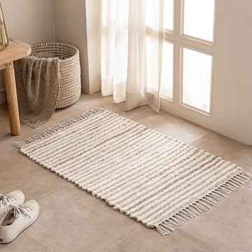 Natural Fiber Cotton Jute Door Mat Rug 2 x 3 feet - Handwoven Durable Burlap Area Rug with Tassel fo