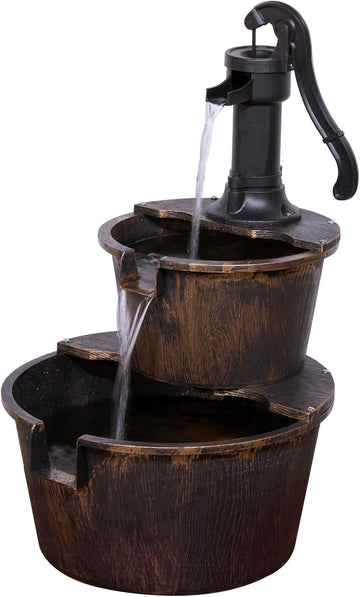 27" Tall Rustic Outdoor 2-Tier Barrel Pump Water Fountain with Soothing Cascading Water Flow, Landscape, Bronze