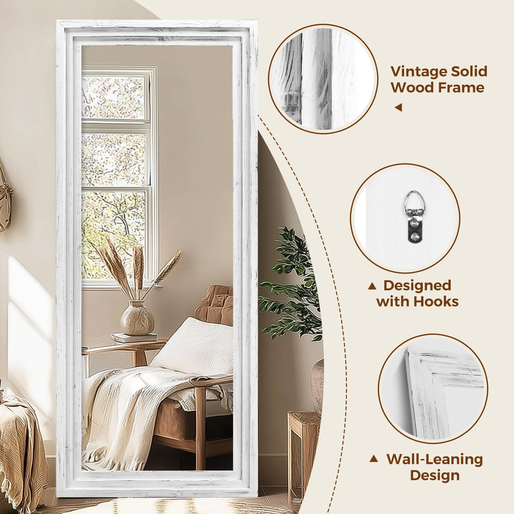 Full Length Mirror, 71 x 30 Inch Solid Wood Floor Mirror, White