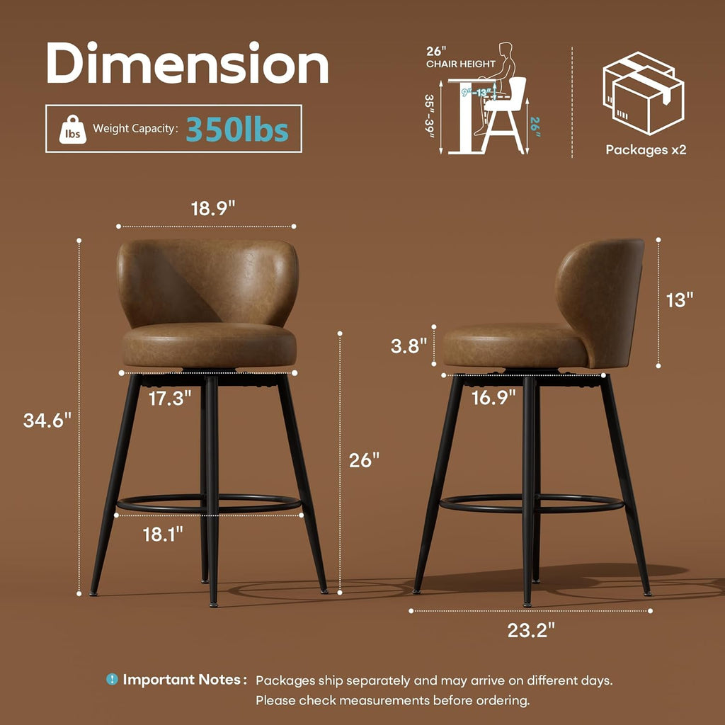 Bar Stools Set of 4, 26" Counter Height Swivel Leather Bar Stools, Upholstered Barstools with Back & Footrest Metal