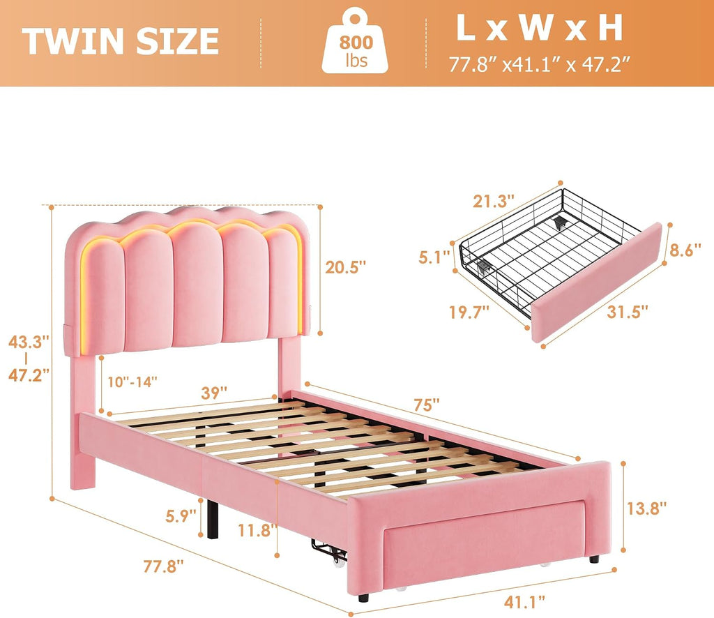 Twin Upholstered LED Bed Frame with Storage Drawer and Adjustable Chic Double Wavy Headboard, Velvet Princess