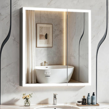 30"×32" Lighted Medicine Cabinet Mirror, Recessed Bathroom Mirror Cabinet with Lights, Defogger, Dimmer, Clock