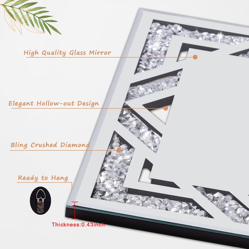 2 Piece Square Hollow Crushed Diamond Decorative Mirror, Silver Crushed Diamond Mirror Decor Wall Bedroom Bathroom