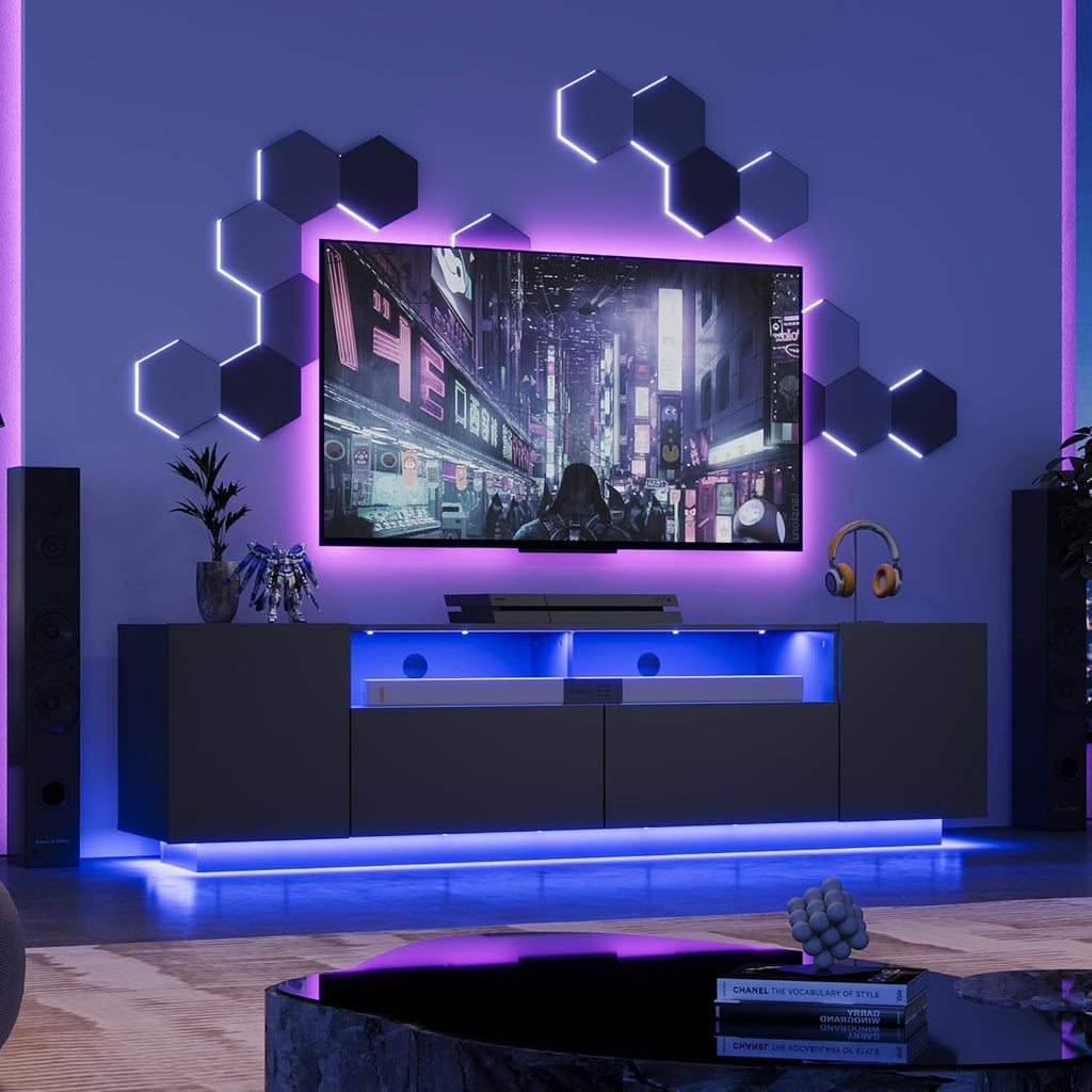 LED TV Stand with Large Storage Cabinet, Modern Entertainment Center for 55/60/65/70/75 Inch TVs, Sturdy TV Console